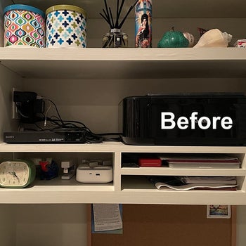 a set of shelves with a pile of cords and text reading 