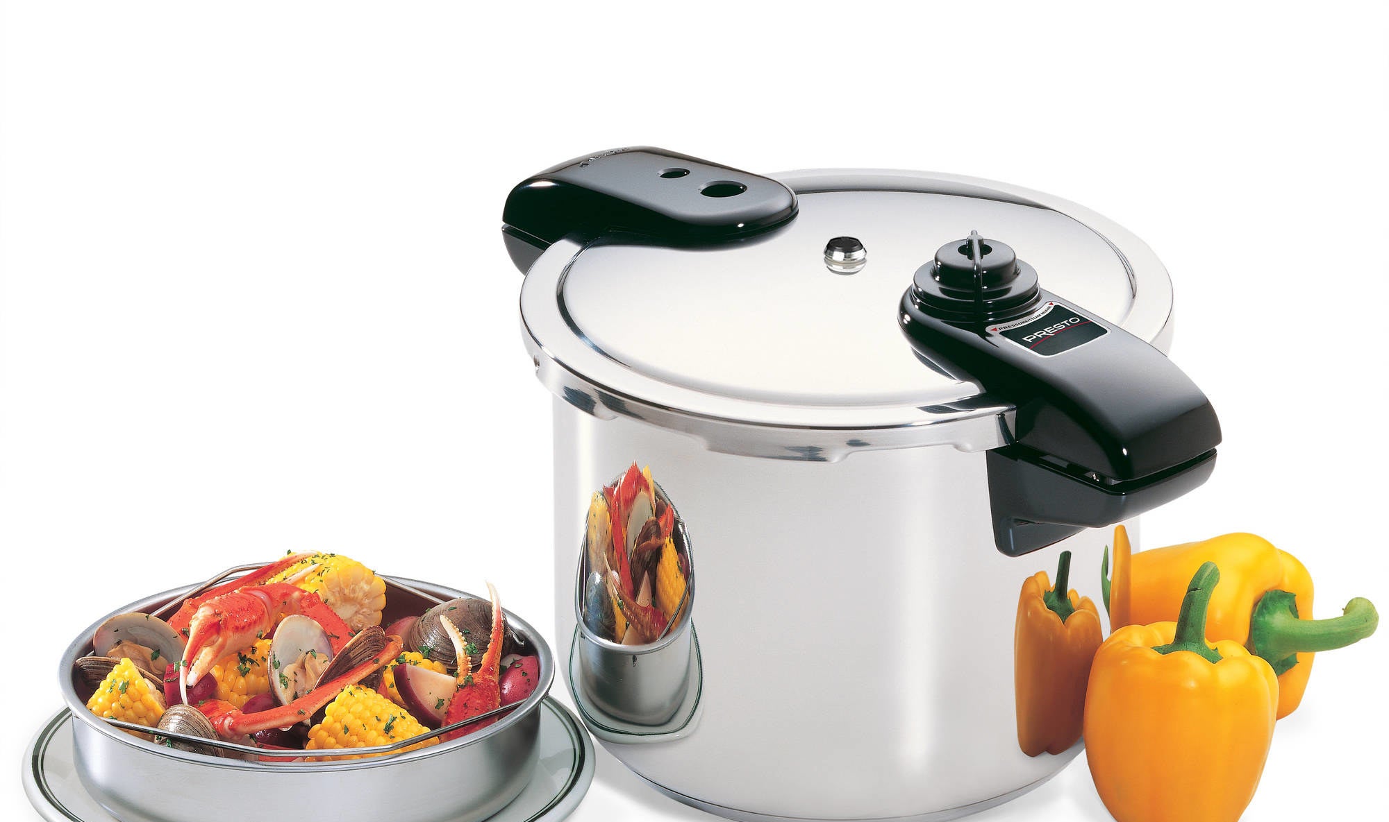  A eight-quart stainless steel pressure cooker 