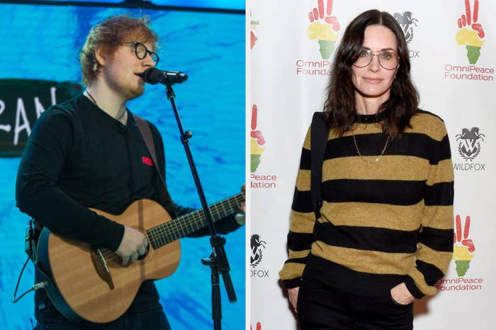Ed Sheeran playing guitar and singing, and Courteney Cox on the red carpet, dressed casually