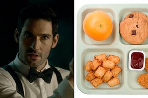 Lucifer on the left and a school lunch tray with an orange, tater tots, chicken nuggets, and a cookie on the right