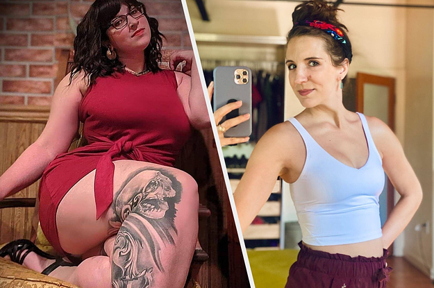 to the left: a reviewer in a red dress, to the right: a reviewer in a white tank