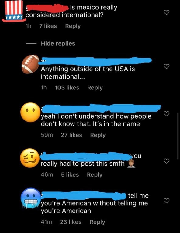 person who thinks international doesnt mean other countries
