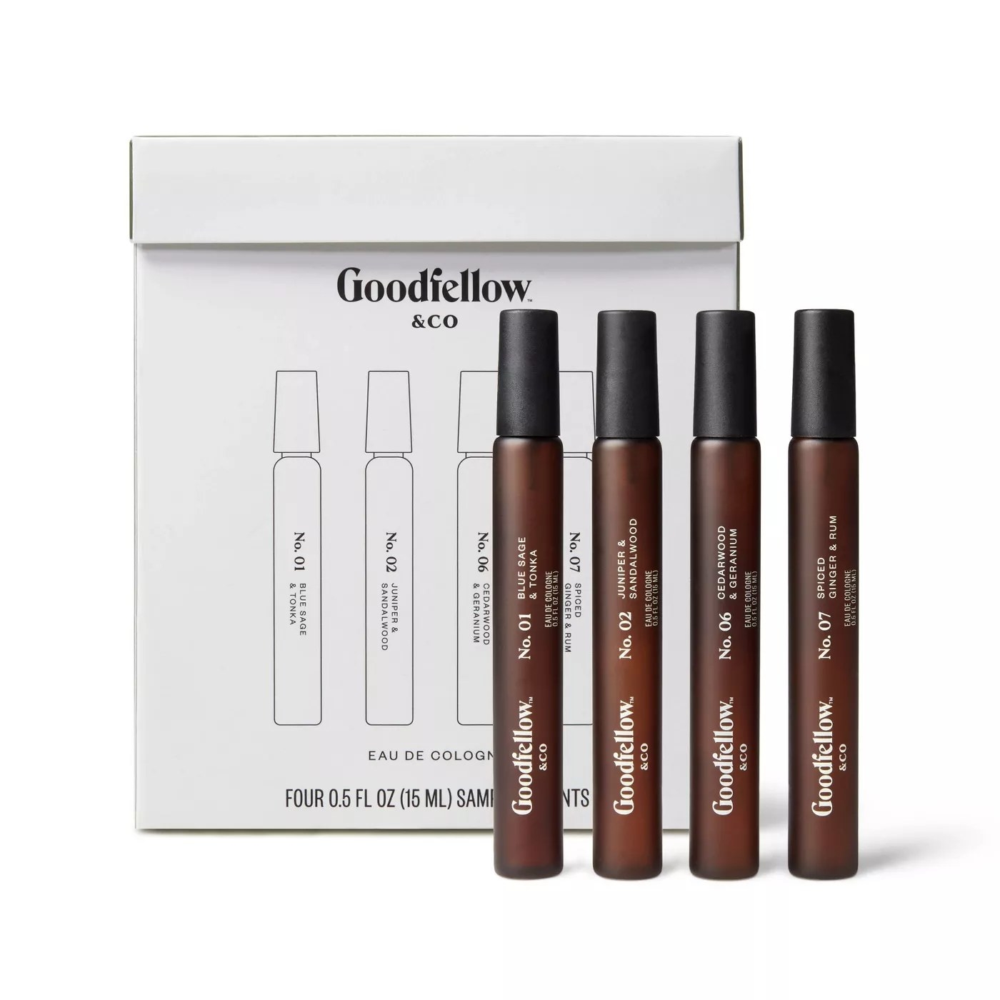 The sampler set with four individual colognes in thin spray bottles