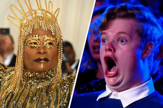 Billy Porter wears golden glitter eye make up and a matching head dress and a young teenage boy sits with his mouth agape.