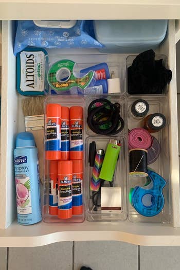 a reviewer photo of an open drawer organized with the bins