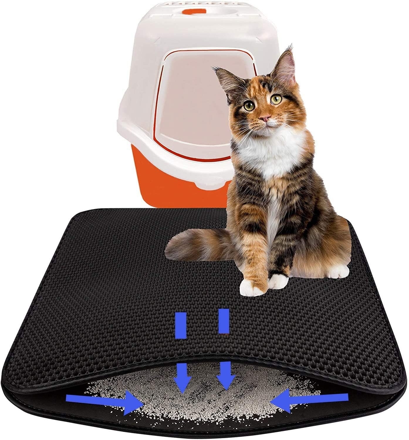A cat sitting on top of a porous mat that&#x27;ll catch any spilt kitty litter 