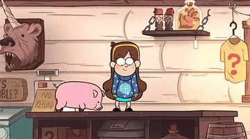 Mabel shuffles and dances on a table as Waddles the pig follows behind her