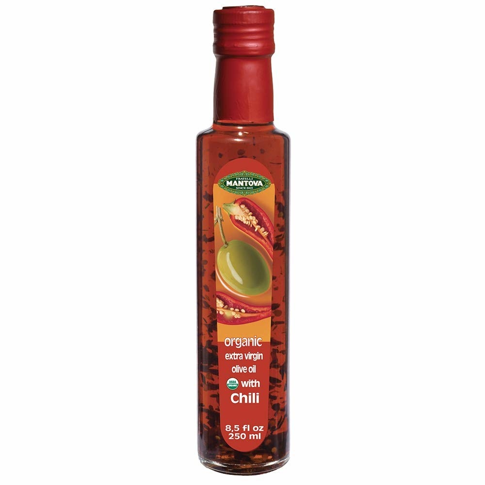 The bottle of Mantova Organic Chili Flavored Extra Virgin Olive