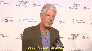 In this gif, Anthony Bourdain is seen saying, &quot;Food, it&#x27;s the new porn,&quot; to a Tribeca Film Festival reporter off-screen
