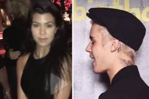 photo of kourtney kardashian on the left and justin bieber on the right
