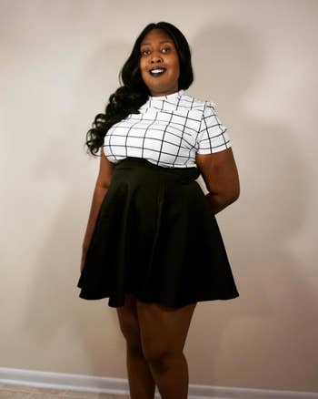 reviewer wearing the skirt in black