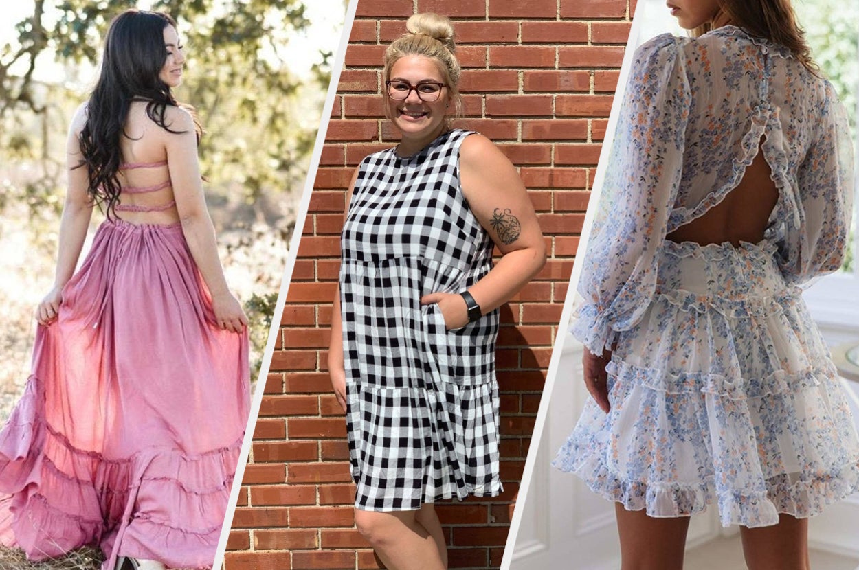 reviewer in a pink backless dress; reviewer in a gingham dress; model in a backless ruffled dress