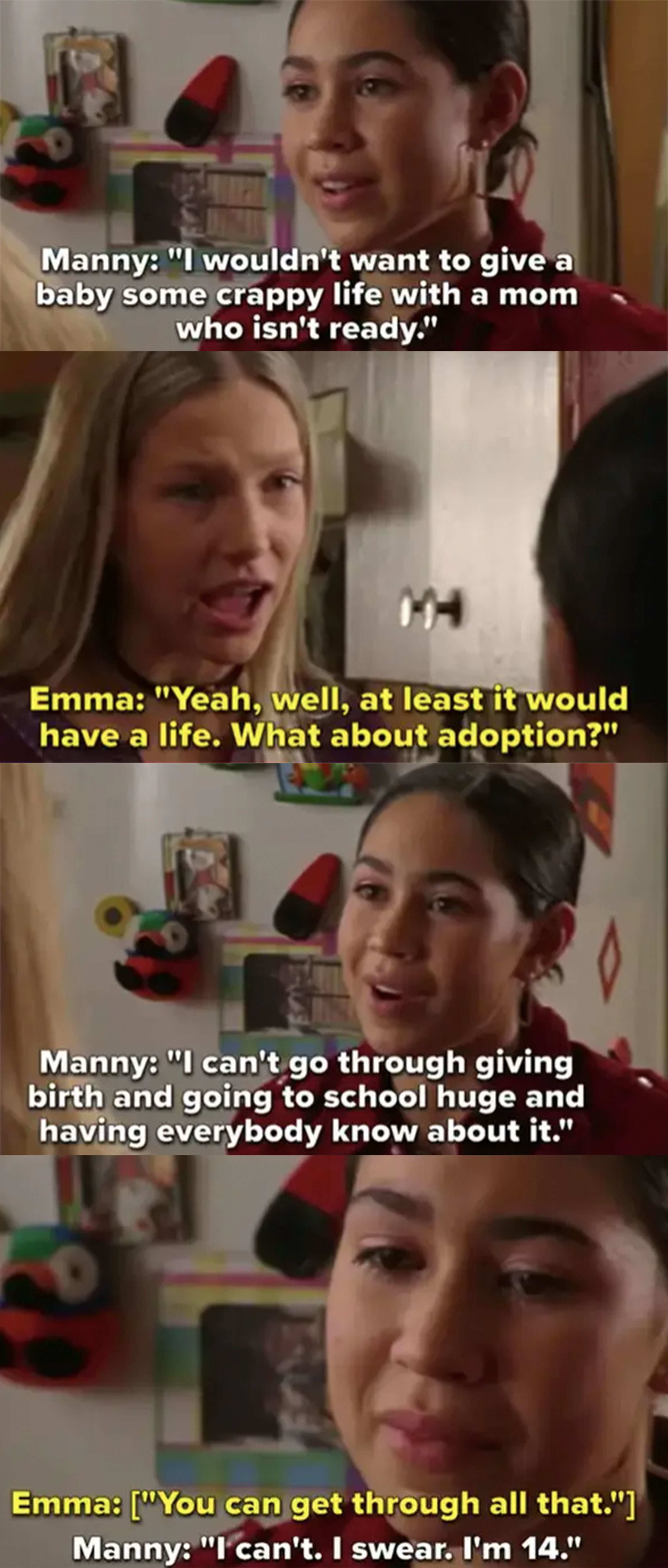 Emma tells Manny to consider adoption, Manny begs her to understand that she can&#x27;t go through pregnancy and giving birth at 14