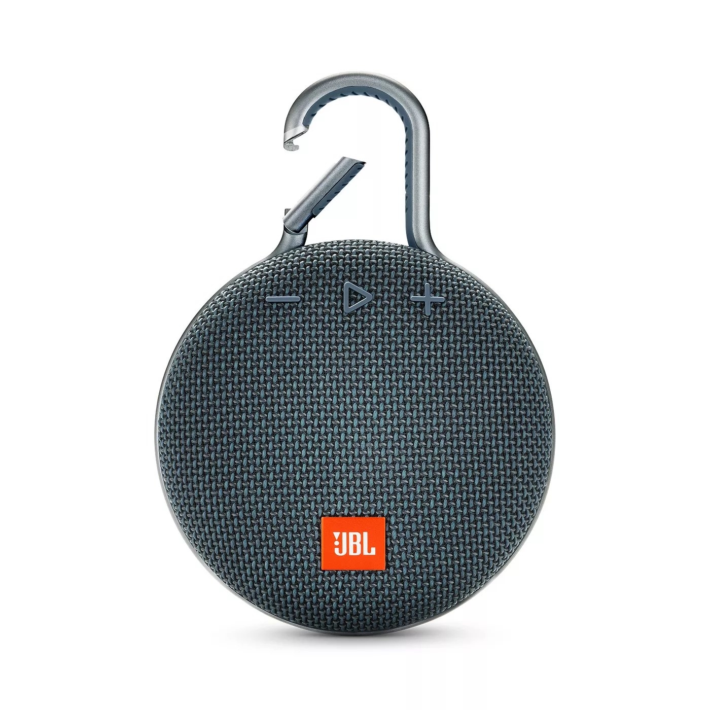 The circular portable speaker with a hook to attach to clothes or a backpack