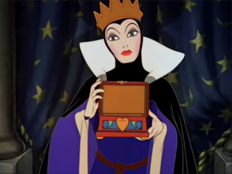 the evil queen holding the box for snow white&#x27;s heart