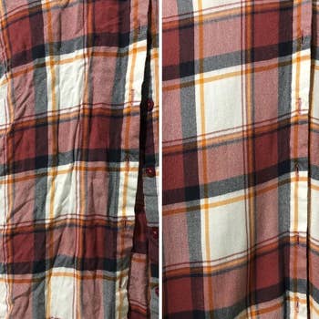 reviewer showing a wrinkly shirt on the left and the same wrinkle-free shirt on the right after using the garment steamer