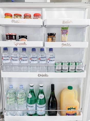 the inside of a fridge door with organization labels