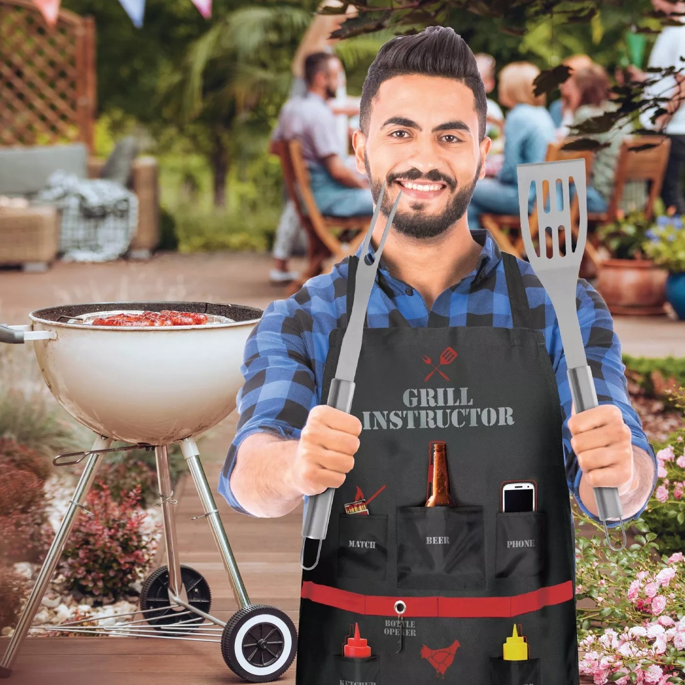 A model wearing the apron with five pockets and a built-in bottle opener