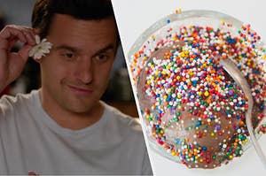 Nick Miller places a small flower behind his ear and a small bowl of chocolate ice cream covered in rainbow sprinkles.