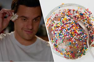 Nick Miller places a small flower behind his ear and a small bowl of chocolate ice cream covered in rainbow sprinkles.