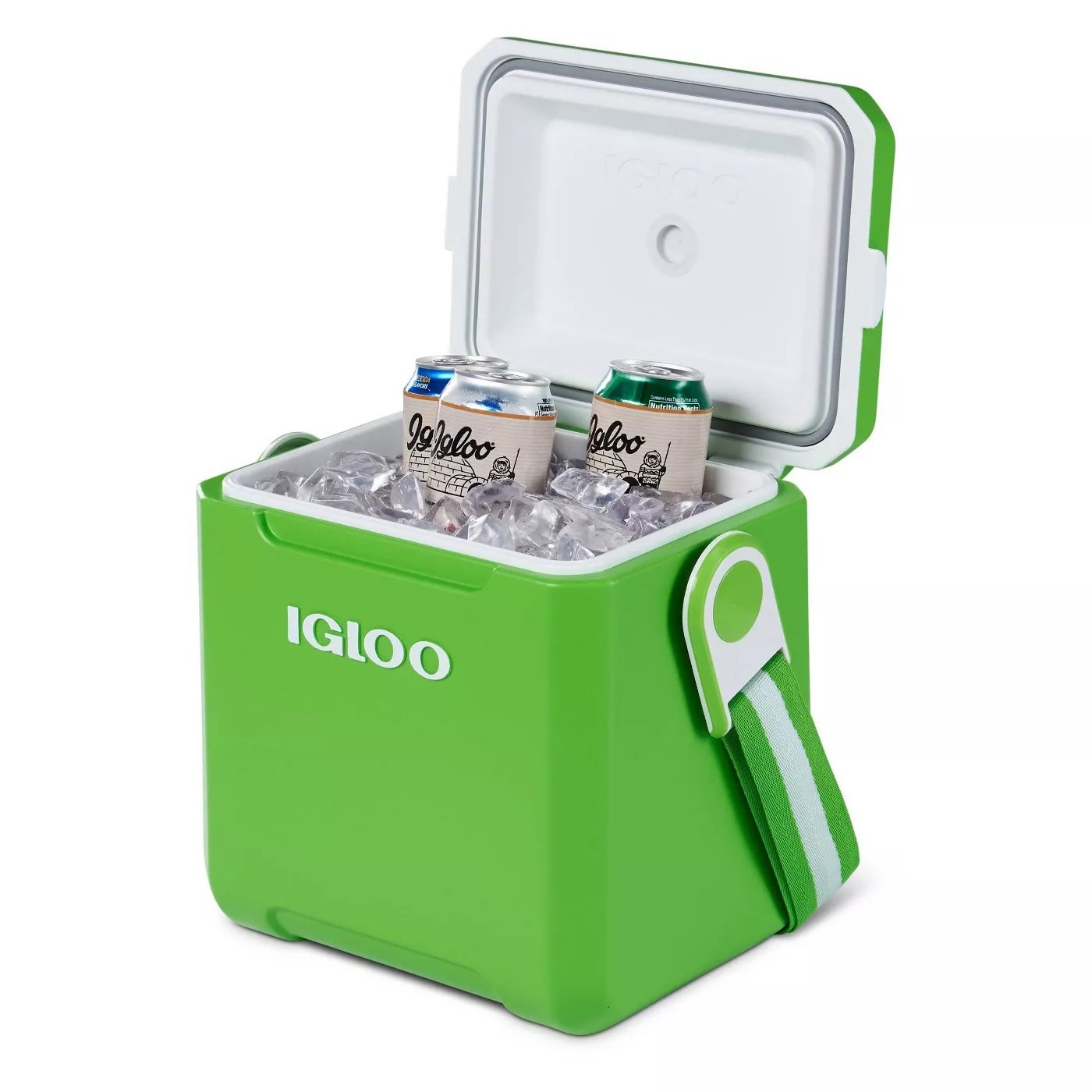 The green cooler with a matching straps and several drinks inside