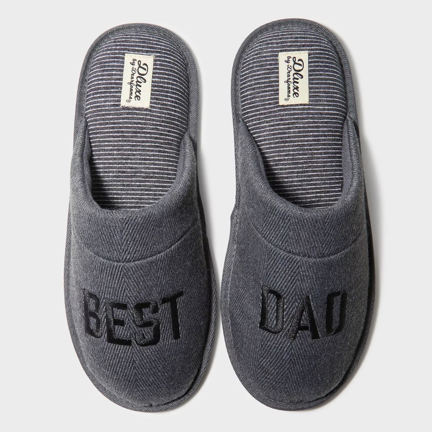 The gray slippers with &quot;Best&quot; written on black in one and &quot;Dad&quot; written in black on the other