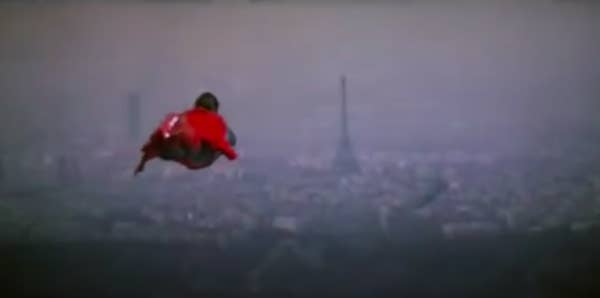 Superman flying toward the Eiffel Tower in "Superman II"