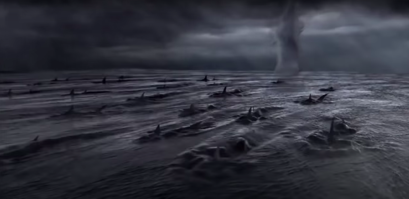 Bad CGI sharks in the water in front of a tornado, seen from above the surface of the water