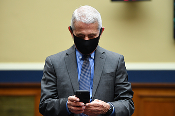 Dr. Fauci, wearing a black mask, looks at his cell phone