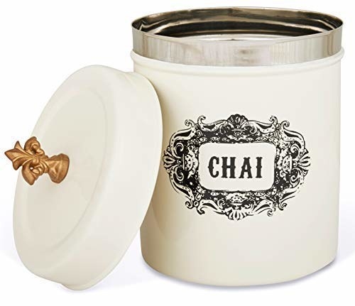 A white tin that says &#x27;Chai&#x27; on the front in a beautiful, vintage font.