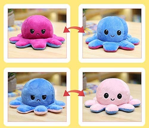 A split image showing a happy octopus on the right side and a sad octopus on the left side