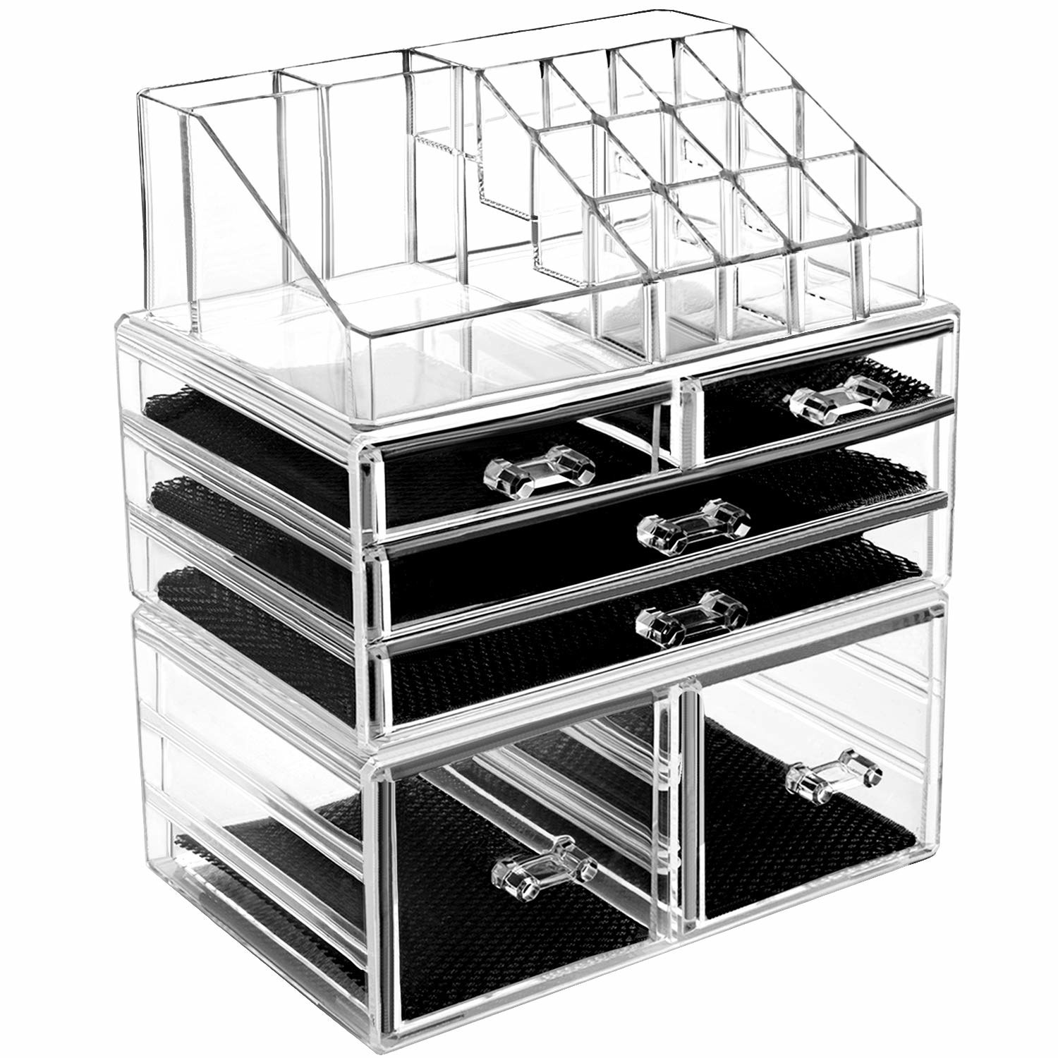 Clear acrylic desktop makeup stand with drawers and detachable standing organizer atop.