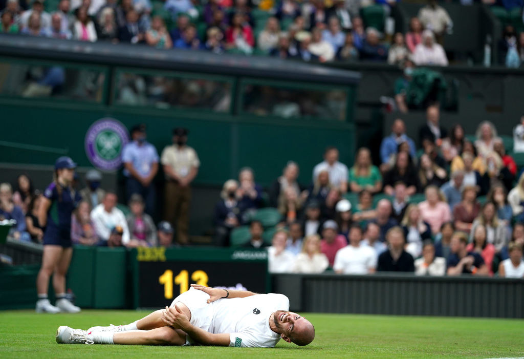 Adrian Mannarino is on the ground in visible pain during his match against Roger Federer