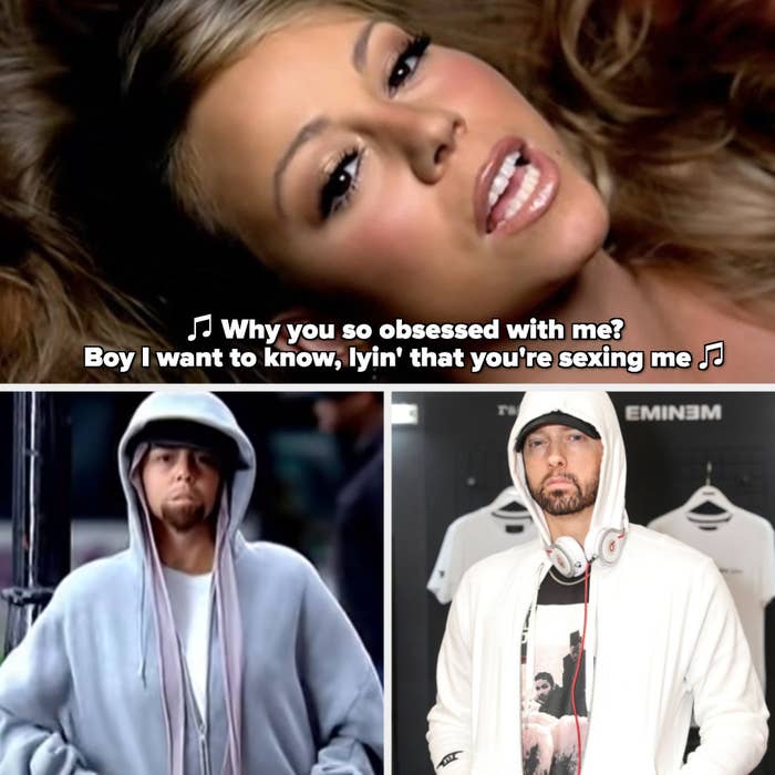 Mariah Carey singing: &quot;Why you so obsessed with me? Boy I want to know, lyin&#x27; that you&#x27;re sexing me;&quot; Carey dressed as Eminem in the &quot;Obsessed&quot; music video; Eminem dressed in a hoodie at an entertainment event