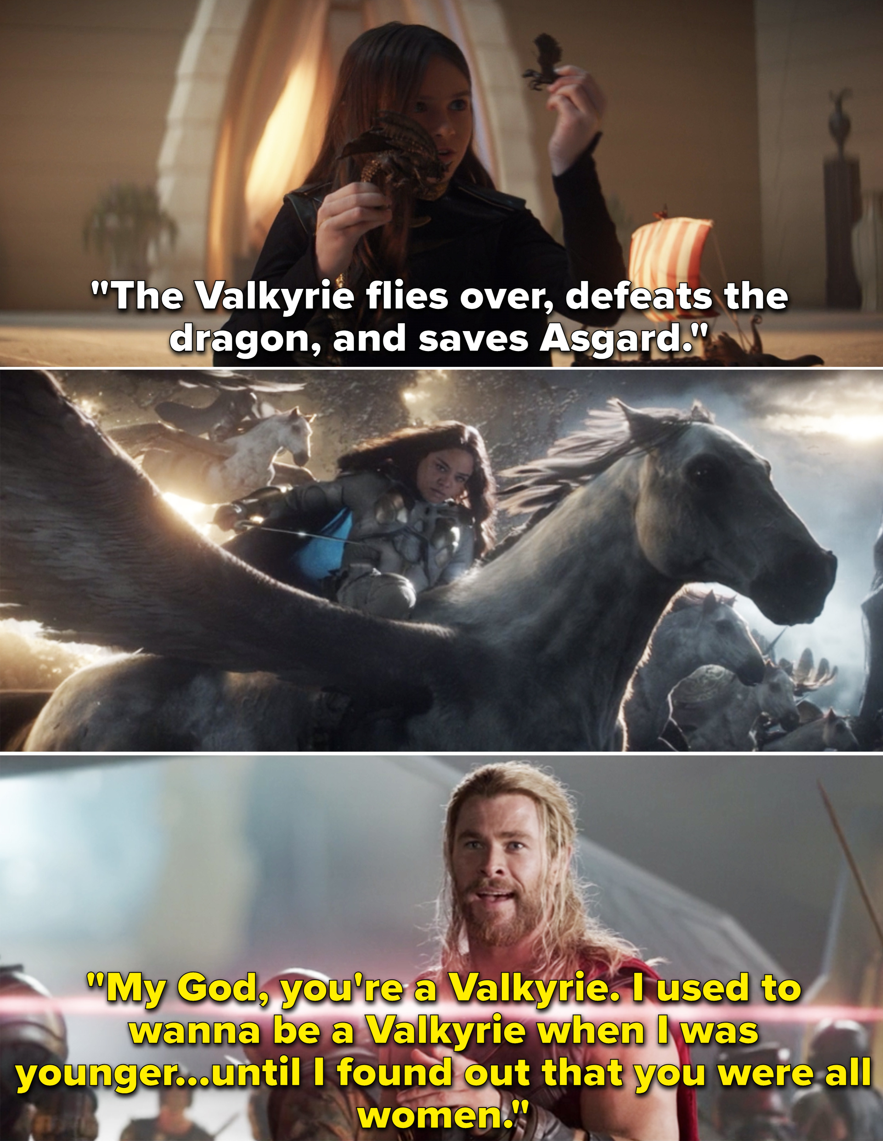 Sylvie saying, &quot;The Valkyrie flies over, defeats the dragon, and saves Asgard&quot; vs Thor saying, &quot;I used to wanna be a Valkyrie when I was younger&quot;