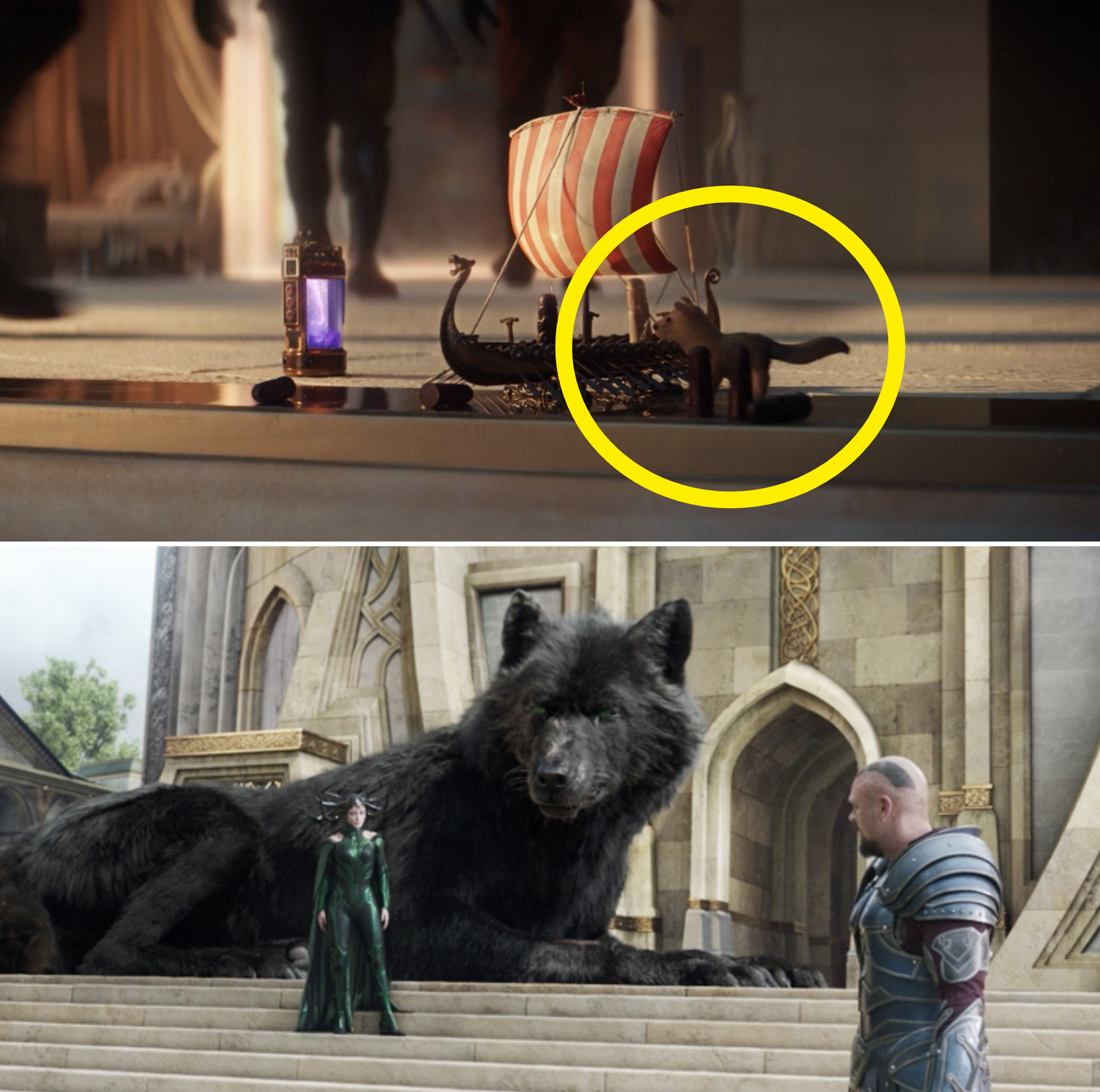 Sylvie&#x27;s small wolf toy vs. Fenris in Thor: Ragnarok