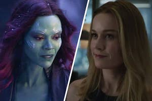 Gamora looks worried as her eyes cast downwards and Carol Danvers smirks at someone off screen.