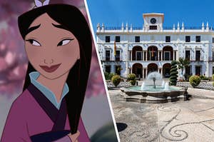 Mulan looks off to the side with a soft smile and a white three story mansion sits in front of a round running fountain.