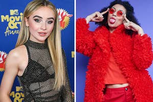 Sabrina Carpenter wears a one sleeve sheer black gown and a woman wears red tinted sunglasses, a red fuzzy coat, red t-shirt, and red jeans.