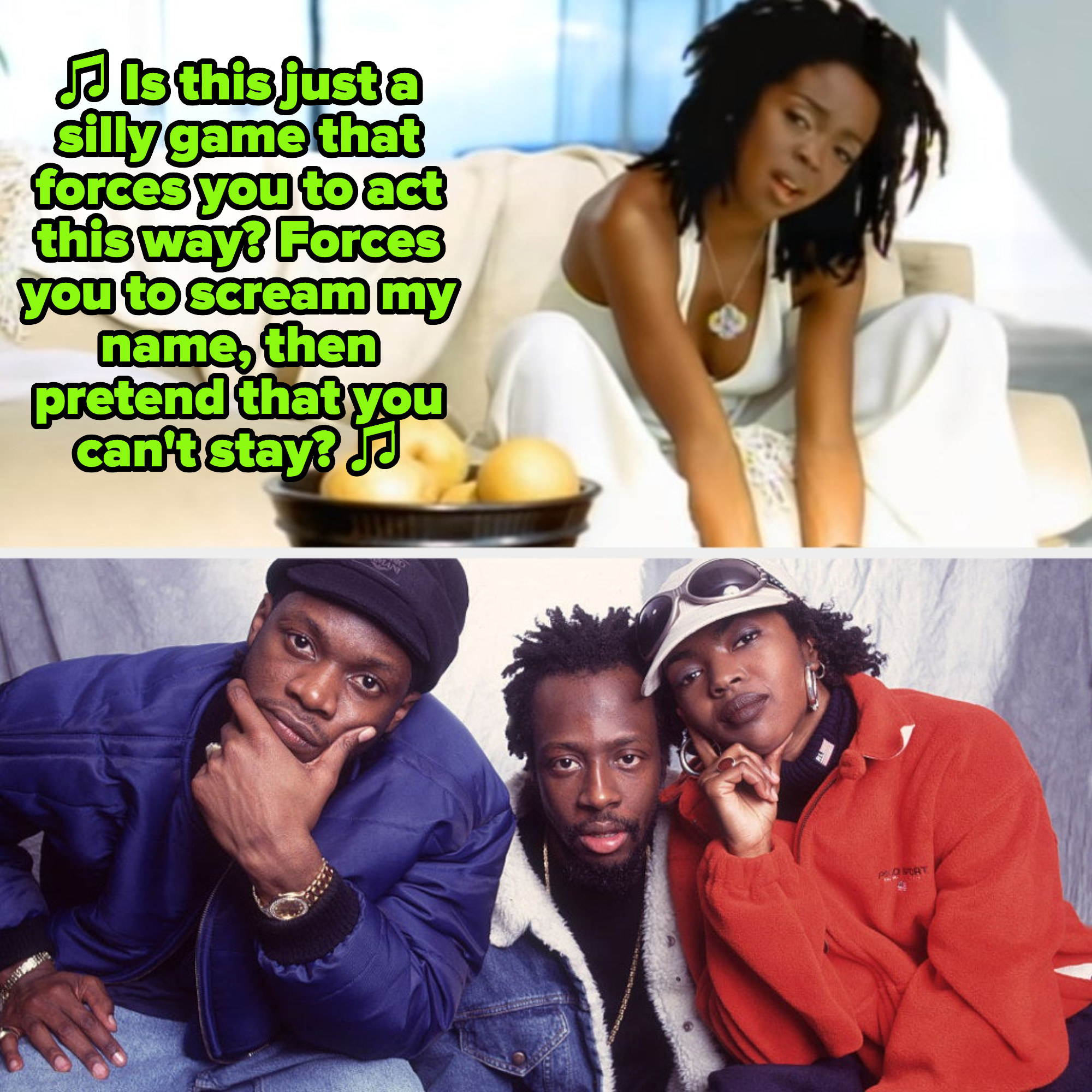 Lauryn Hill in her &quot;Ex-Factor&quot; music video; Hill posing with Pras and Wyclef Jean from the Fugees in the late &#x27;90s