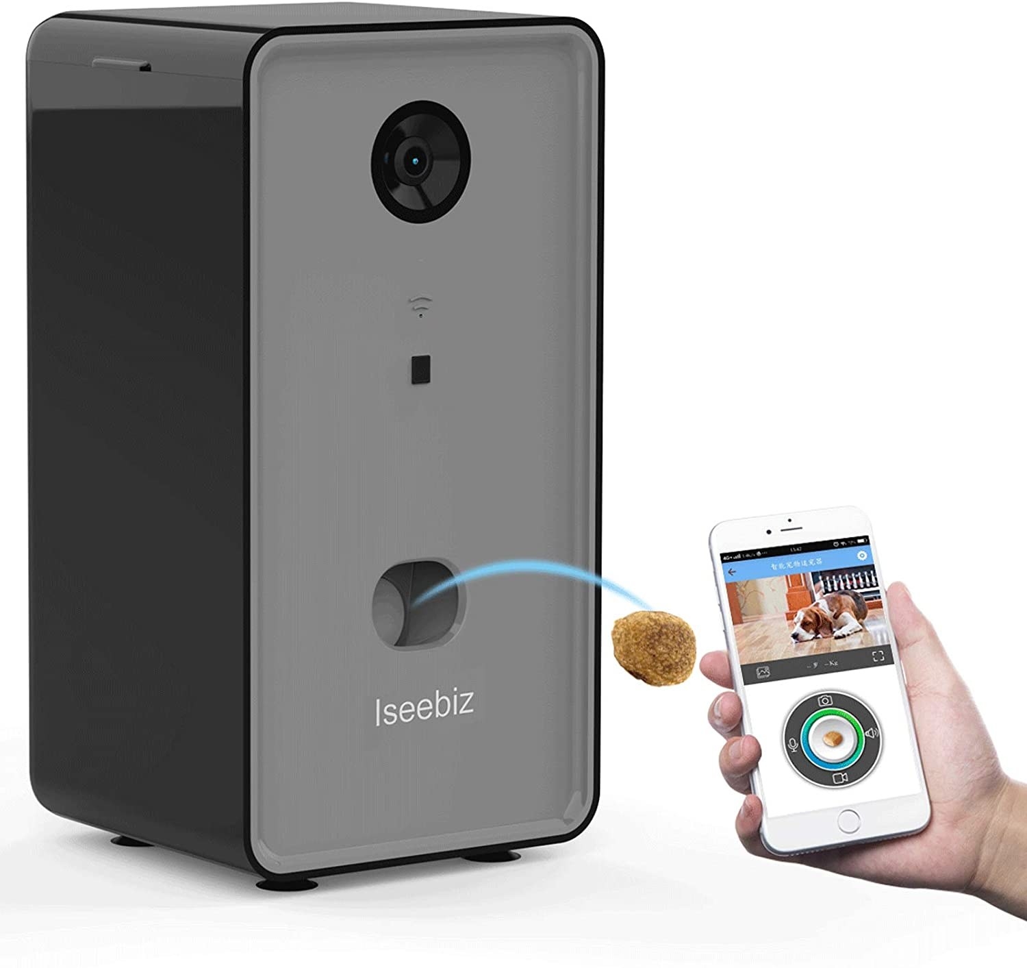 the black Iseebiz smart pet camera and treat dispenser