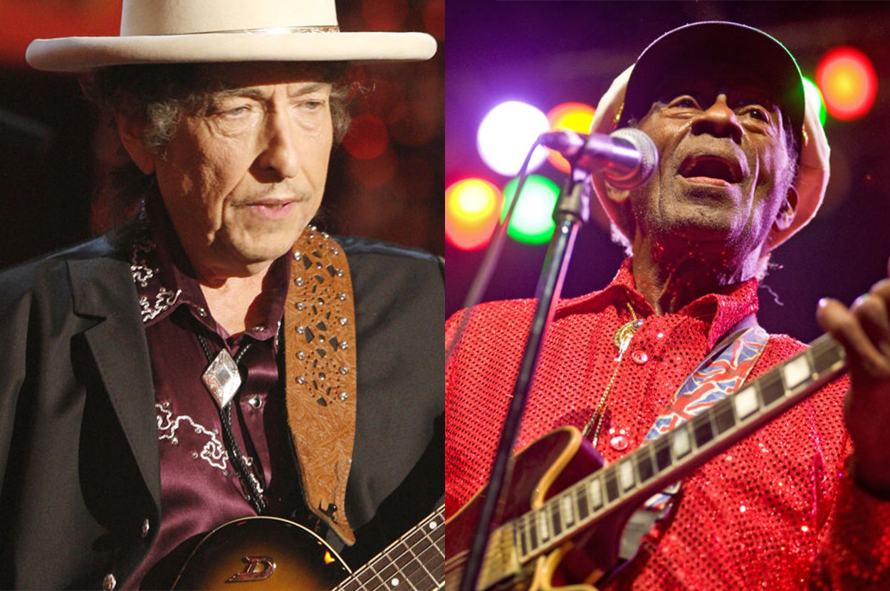 Bob Dylan and Chuck Berry separately performing on-stage