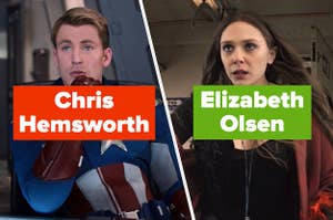 Steve Rogers labeled "Chris Hemsworth" and Wanda Maximoff labeled "Elizabeth Olsen"