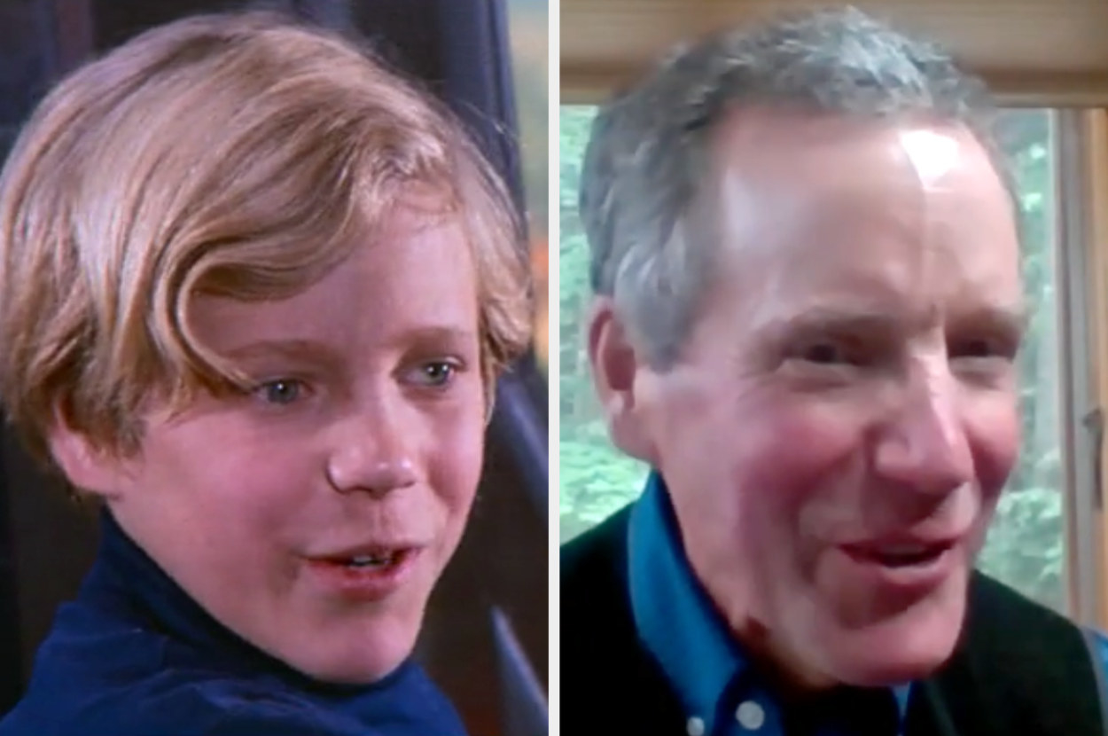 Charlie wearing a turtleneck, with sweeping blonde hair, and Peter now, with short gray hair and the same smile