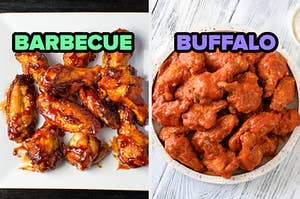 On the left, some barbecue wings, and on the right, some buffalo wings