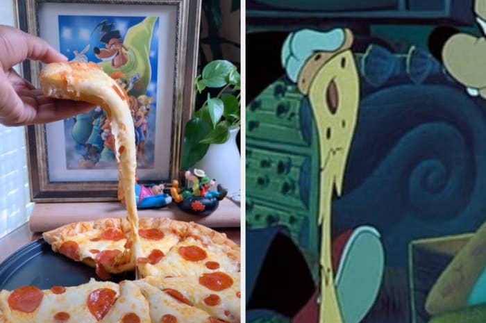 Gabrielle&#x27;s slice of cheesy pizza next to Max&#x27;s slice of cheesy pizza in A Goofy Movie