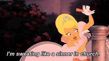 a gif of charlotte from the princess and the frog dabbing at her under arms saying &quot;i&#x27;m sweating like a sinner in church&quot;