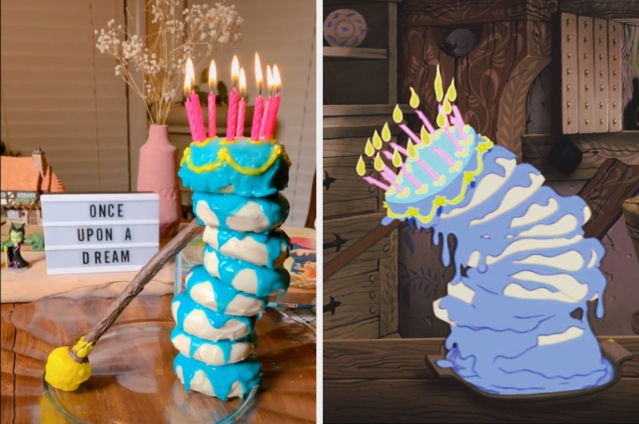 Gabrielle&#x27;s leaning bithday cake next to the leaning birthday cake in sleeping beauty
