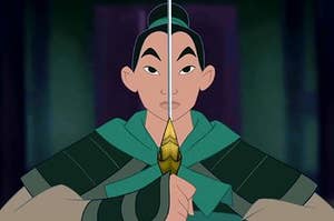 Mulan Holding a Sword in front of her face