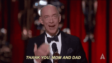 GIF of JK simmons saying &quot;thank you, mom and dad&quot; at the oscars